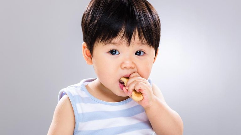baby boy eating biscuit