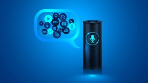 smart speaker with apps on blue background