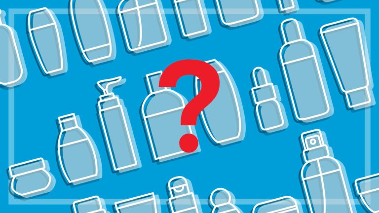 question mark in front of illustrated cosmetic bottles