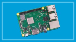 A Raspberry Pi single-board computer on a blue background