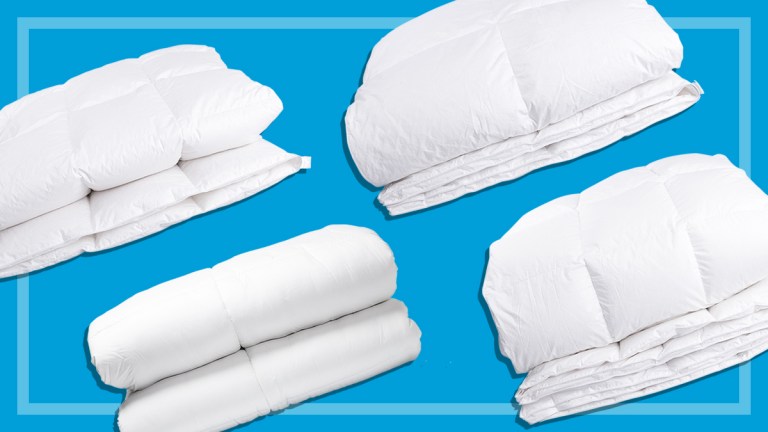 four white doonas on a blue background