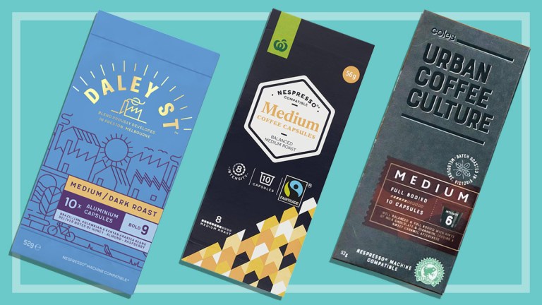 three different packs of coles and woolworths coffee capsules
