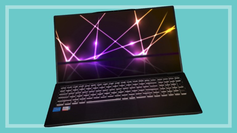 Venom BlackBook Zero 17 Phantom laptop on a teal background