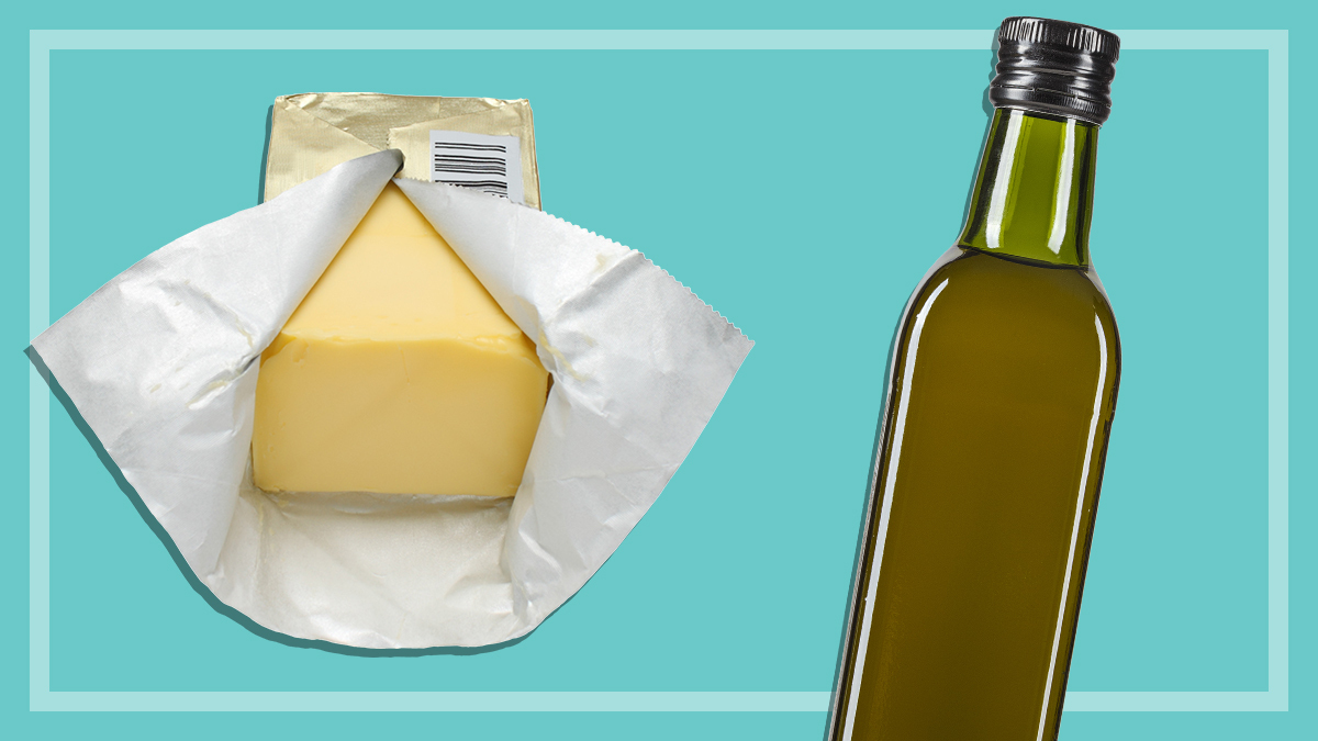 a_block_of_butter_and_bottle_of_olive_oil