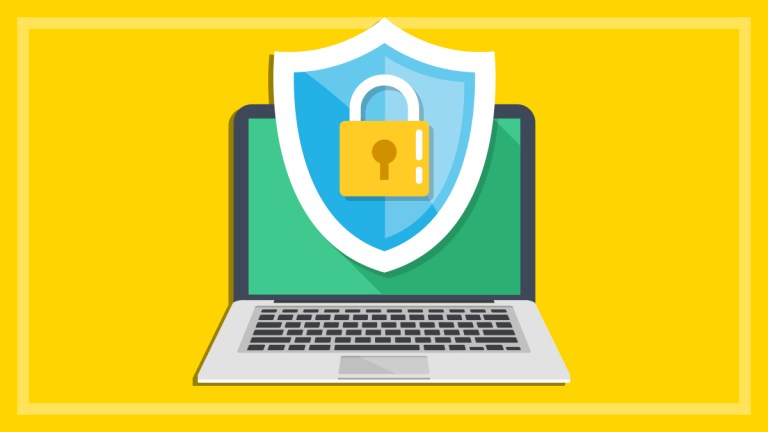 antivirus sofware shield and padlock on laptop on a yellow background