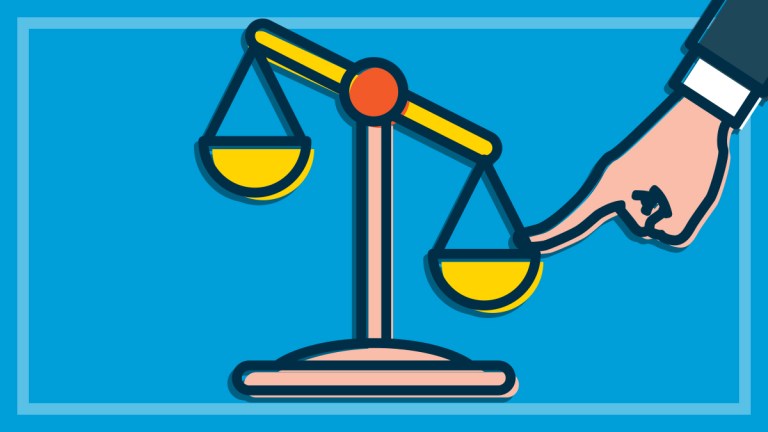 illustration of hand pushing down one side of balance scales
