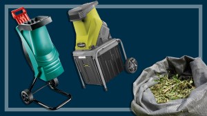 garden shredder and mulcher on a navy background