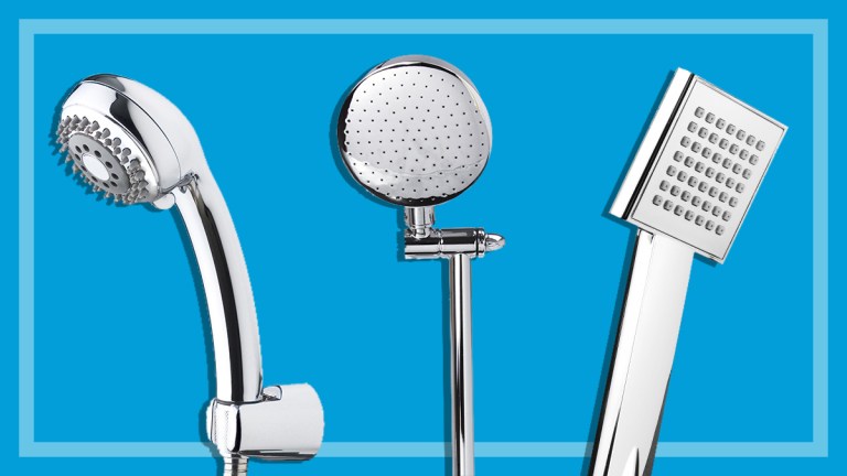 three showerheads on a blue background