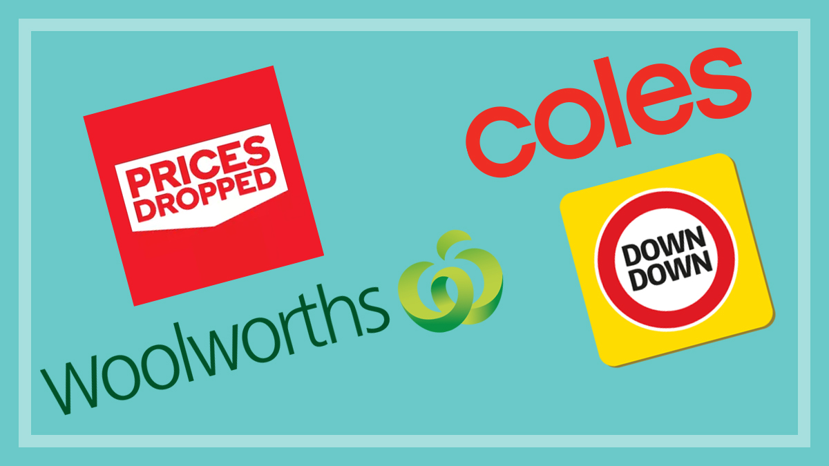 coles and woolworhts logos with prices dropped and down dwn graphics