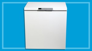 white chest freezer on a blue background
