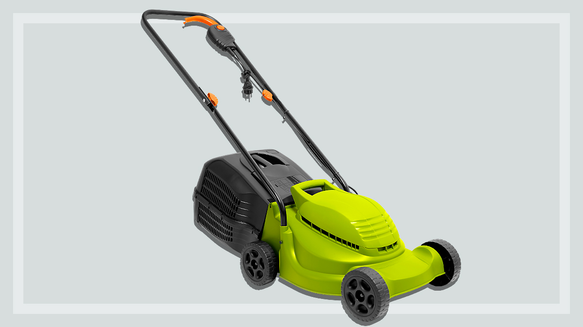 lime green and black electric lawnmower on a grey background