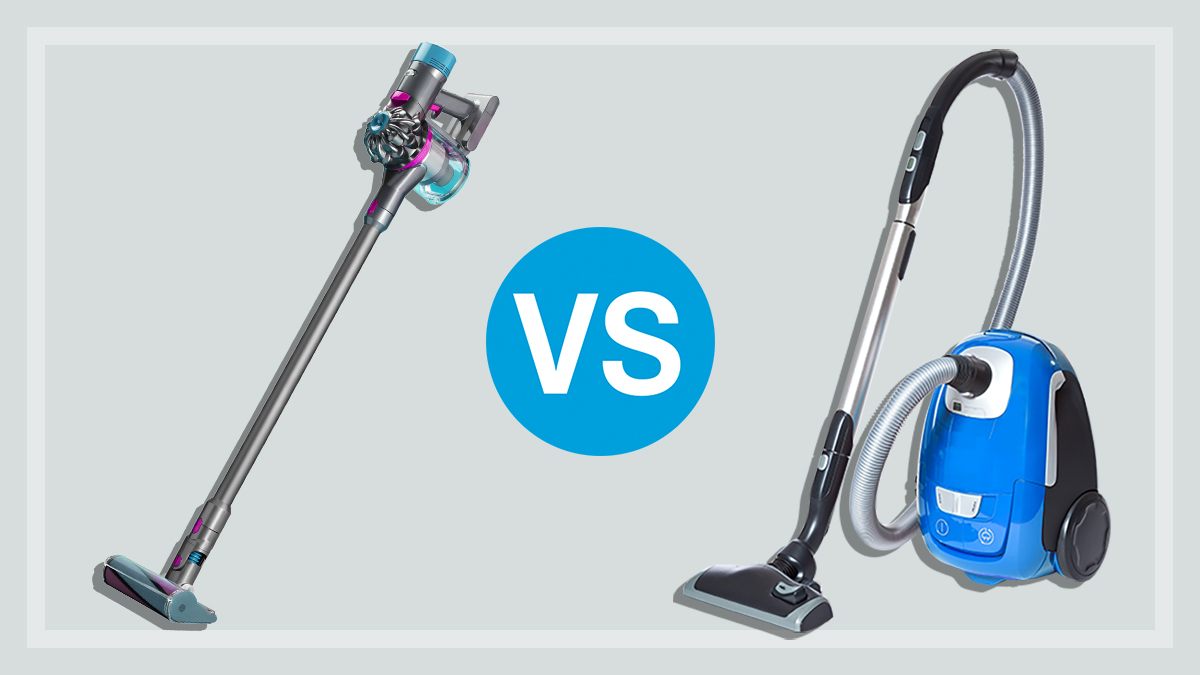 stick vacuum and a barrel vacuum on a grey background