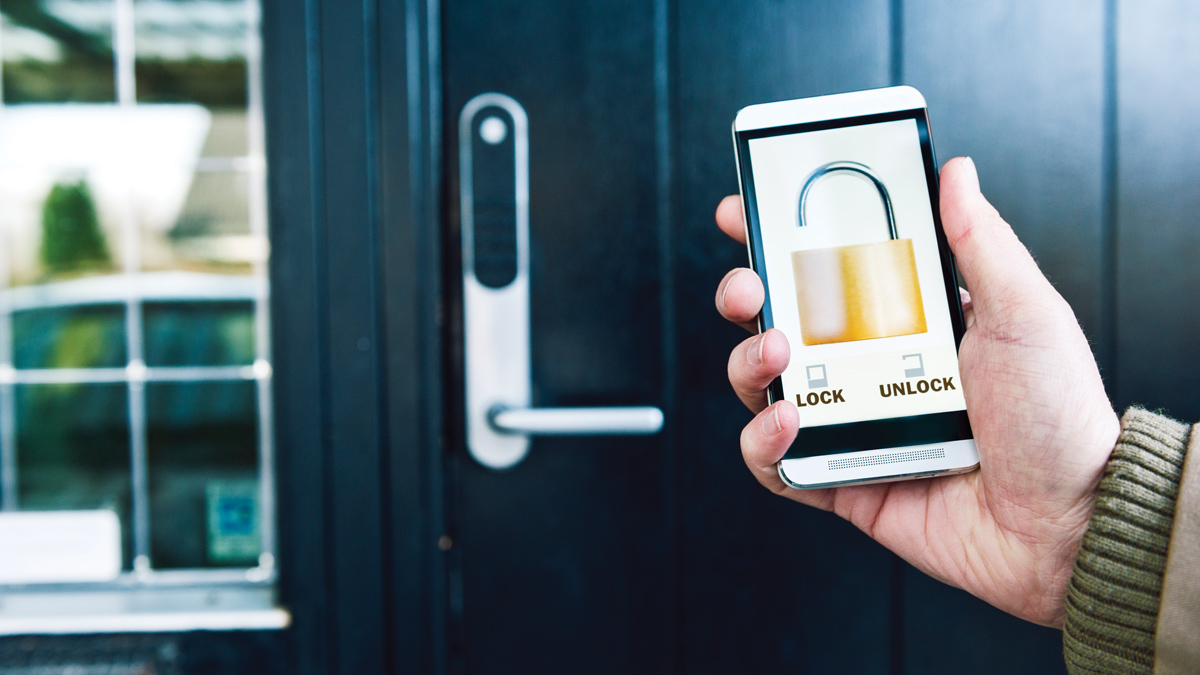 phone unlocking a smart lock on a door