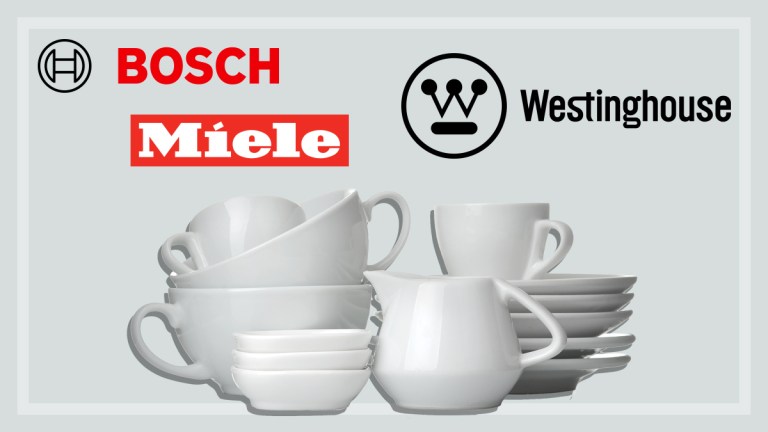bosch miele and westinghouse logos with stacks of crockery