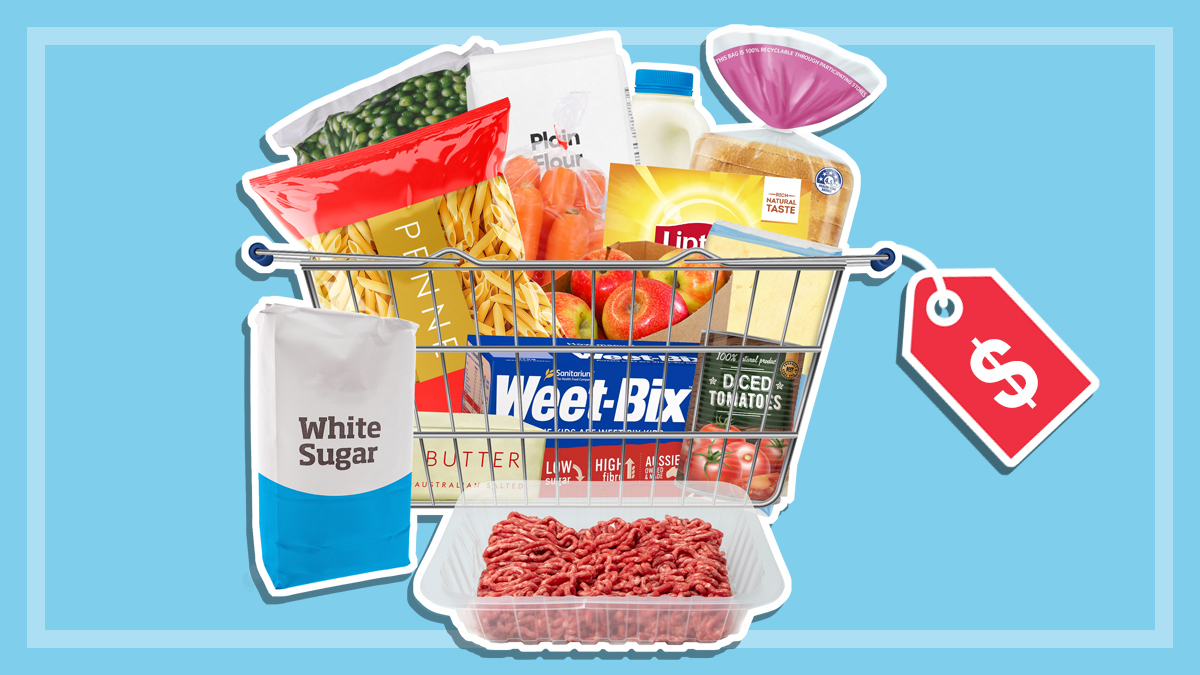 fourteen supermarket products in and around wire basket with price tag LEAD
