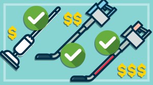 illustration of three different stick vacuums with ticks and dollar symbols