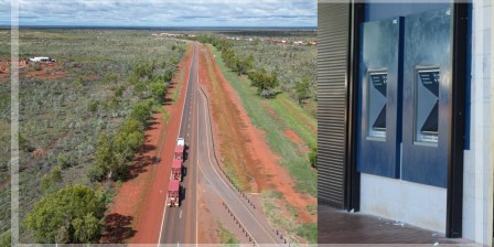 composite shot of road train on the stuart highway and anz atms