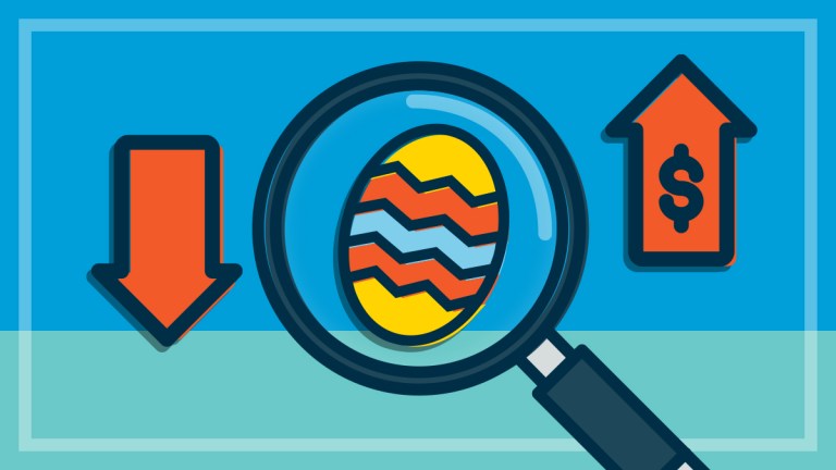 illustration of magnifying glass over an easter egg with size decreas and price increase arrows