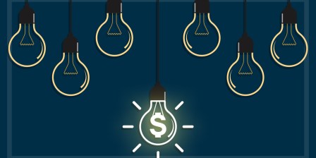 illustration of several light globes with one on and a dollar symbol inside