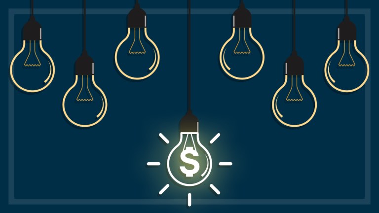 illustration of several light globes with one on and a dollar symbol inside