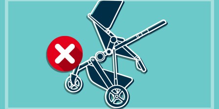 stroller illustration on teal with cross
