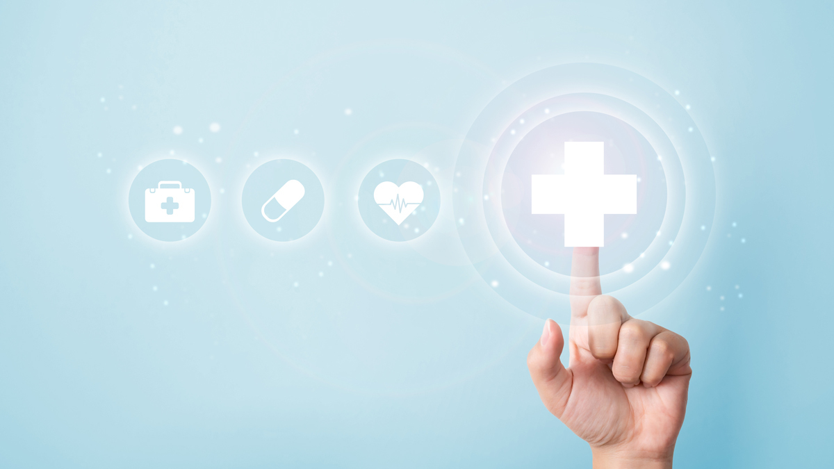 finger pointing to a white health icon on a blue background