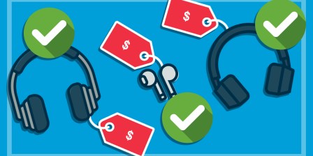 illustration of three cheap headphones and ear buds with ticks