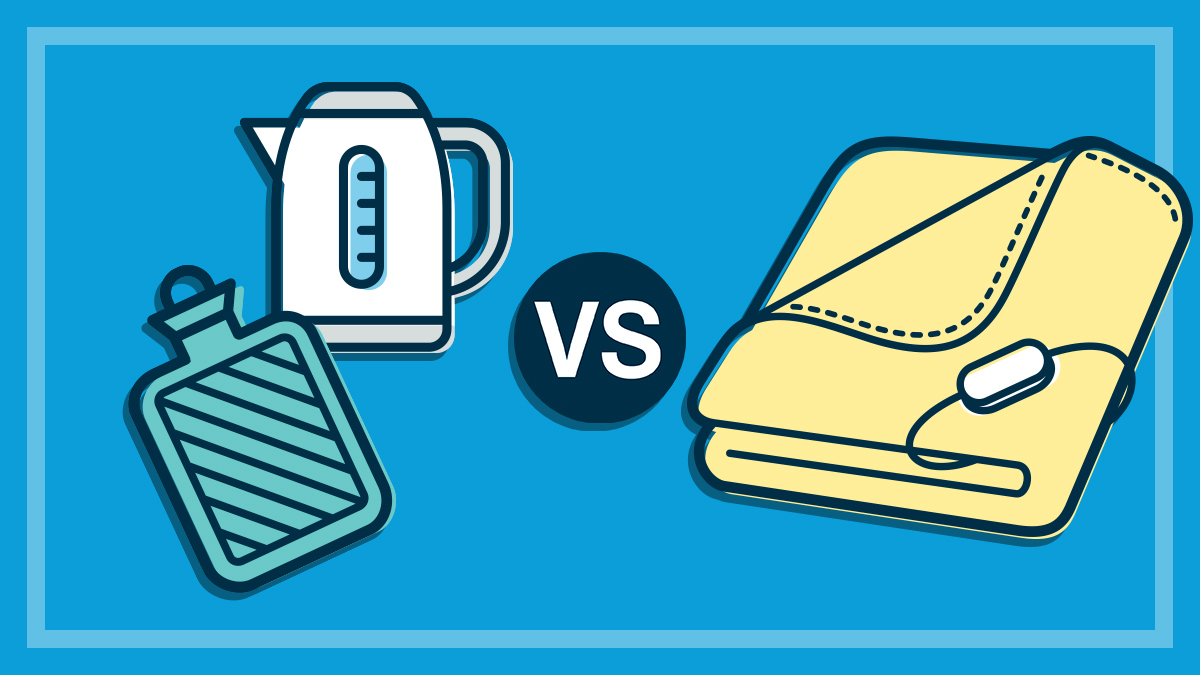 illustration of hot water bottle and a kettle versus an electric blanket