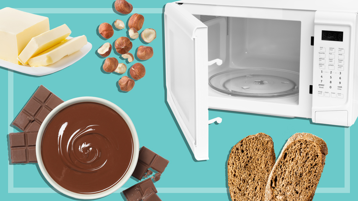 microwave with stick of butter hazelnuts chocolate and stale bread