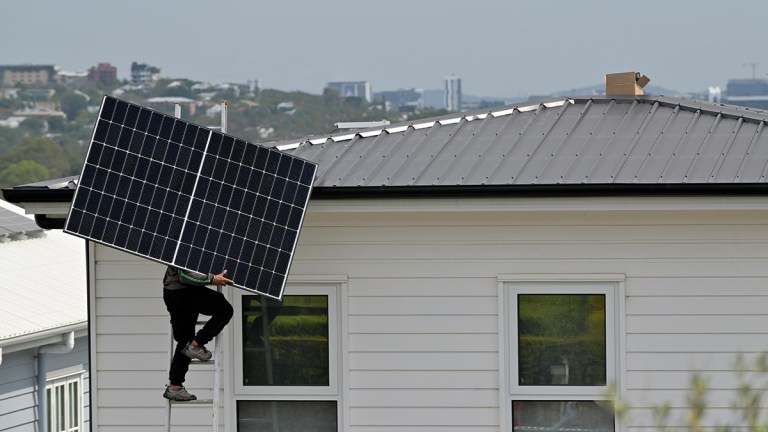 solar panel tradesman climbing ladder onto australian roof with solar panel