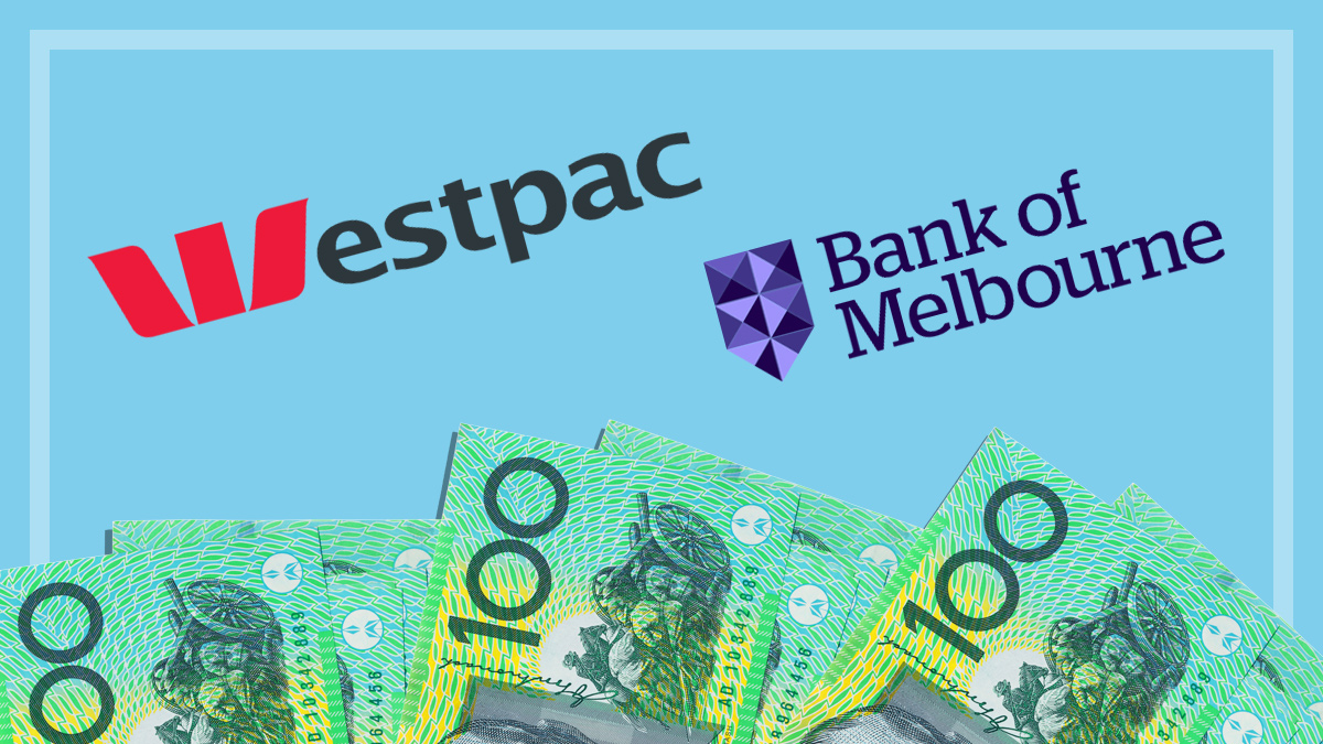 westpac and bank of melbourne logos with 100 dollar bills