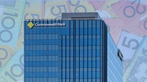 commonwealth bank building with australian banknotes in background