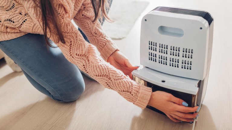 woman emptying water dehumidifier lead