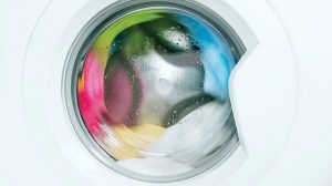 clothes in washing machine on wash cycle