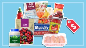 fifteen supermarket products in and around wire basket with price tag