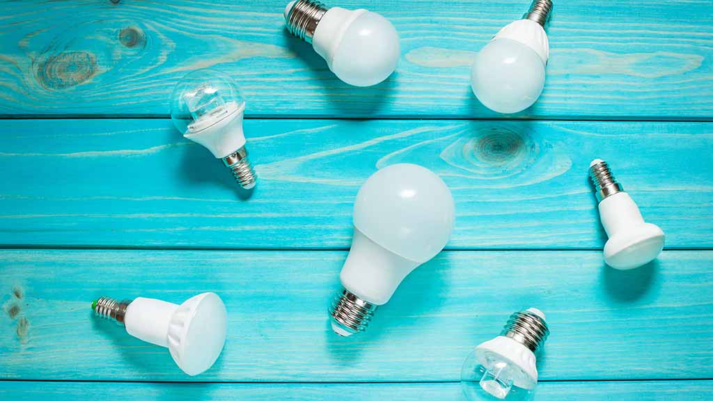 LED bulbs on a blue table