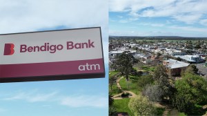 bendigo bank branch sign and an aerial shot of the victorian town of yarram