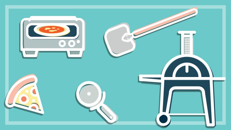 illustrations of pizza and pizza ovens on a teal background