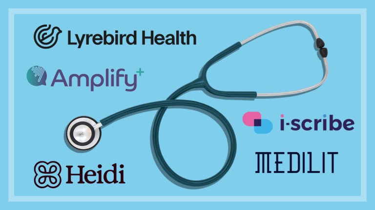 stethoscope surrounded by medical ai scribing software logos
